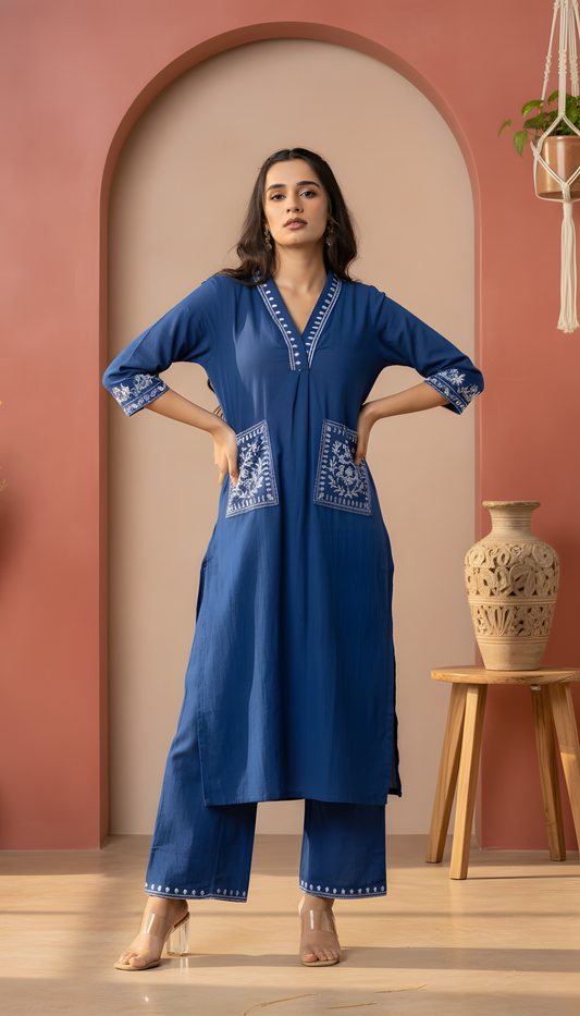 Azure Bloom Embroidered Cotton Kurta Set