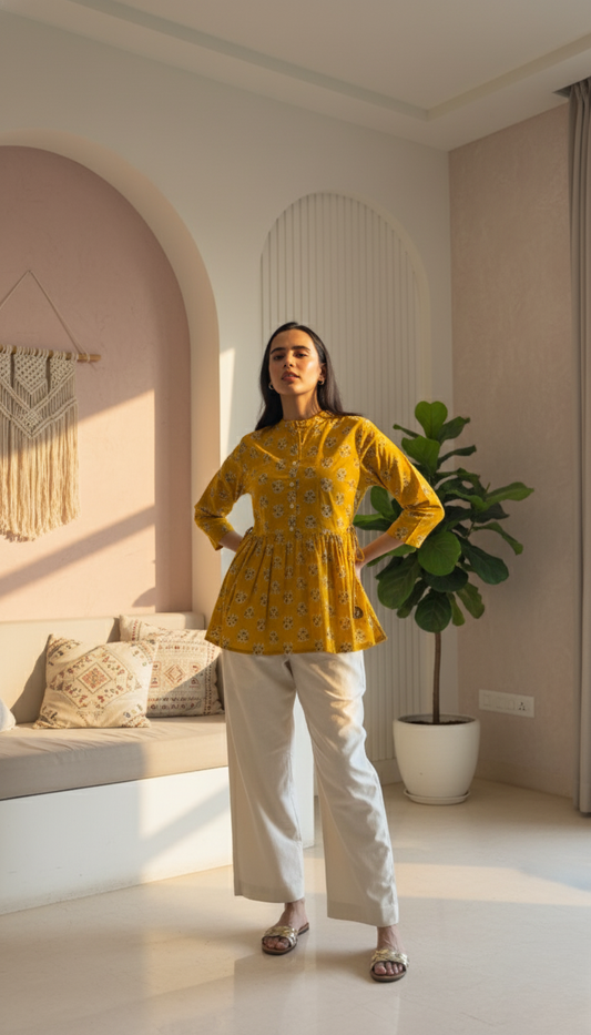 Marigold Print Peplum Tunic Top