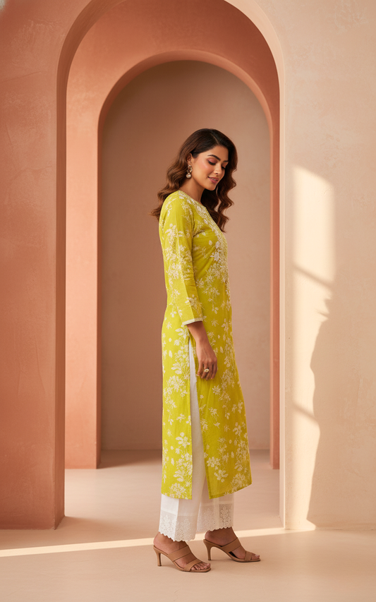 Lime Blossom Embroidered Cotton Kurta