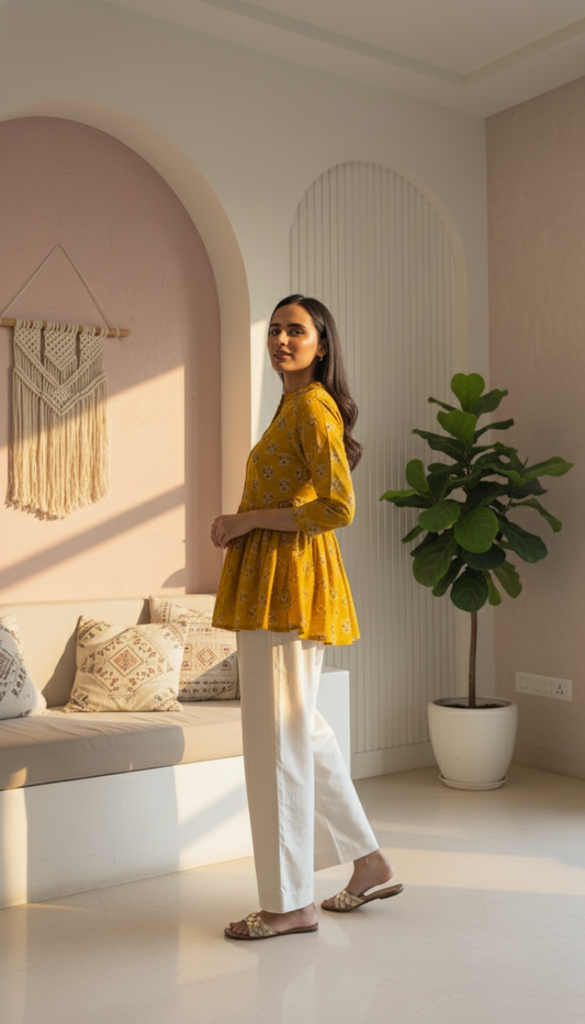 Marigold Print Peplum Tunic Top