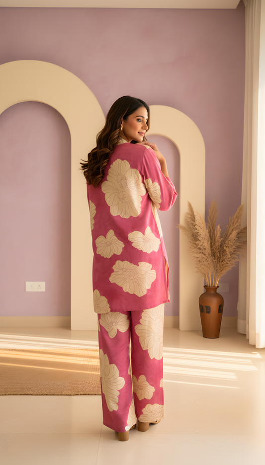 Pink Peony Block Print Co-ord Set