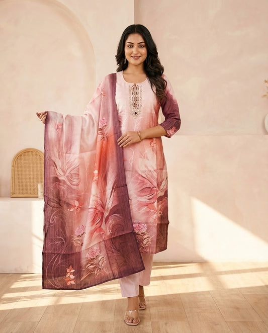 Dusty Rose & Wine Floral Printed Suit Set