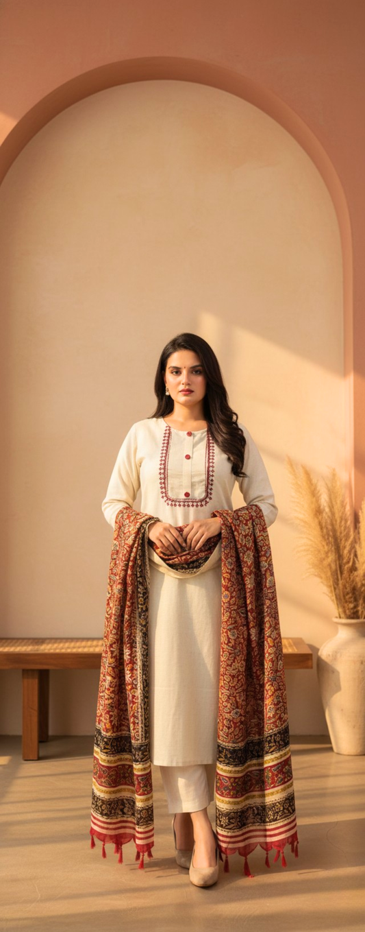 Ivory Scarlet Embroidered Dupatta Set