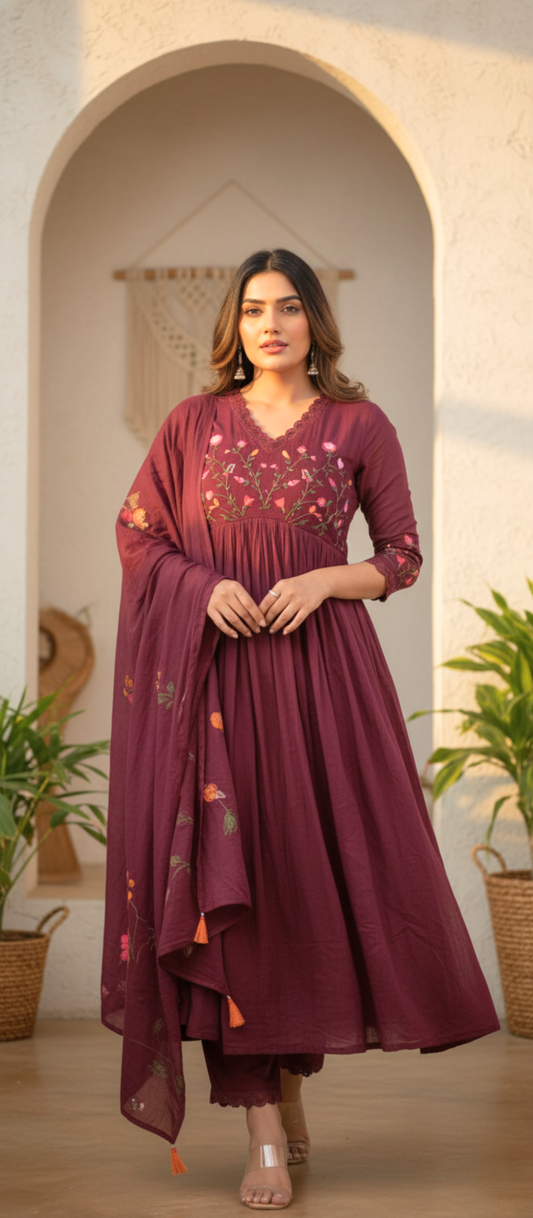 Wine Bloom Embroidered Anarkali Set