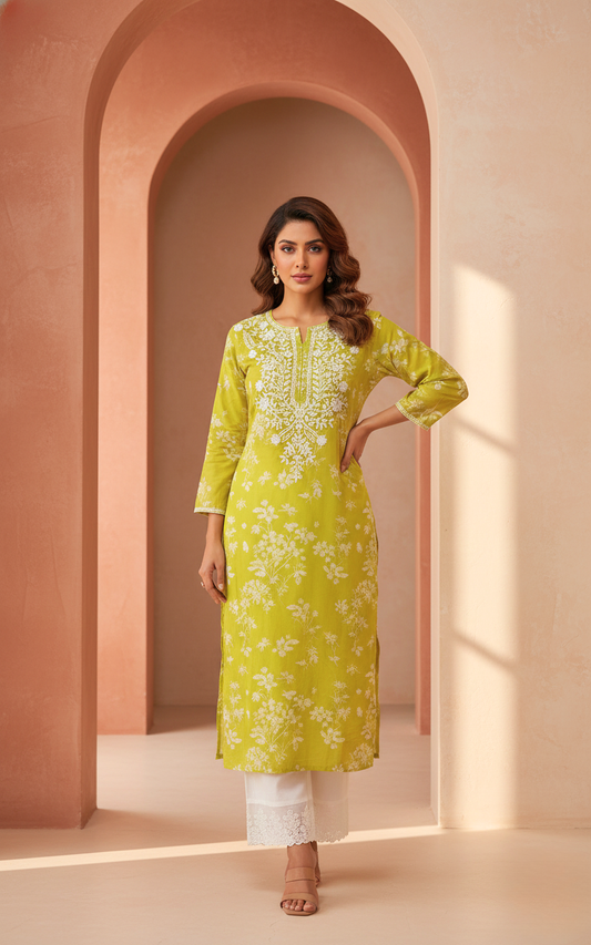 Lime Blossom Embroidered Cotton Kurta