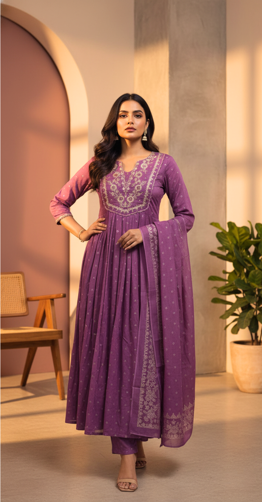 Amethyst Gold Embroidered Anarkali Set
