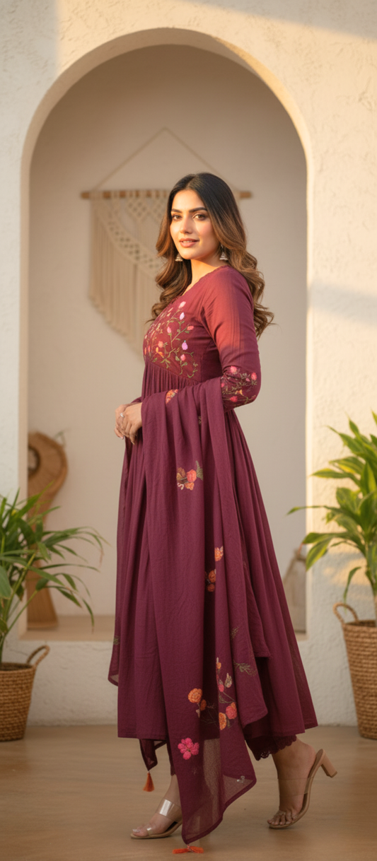 Wine Bloom Embroidered Anarkali Set