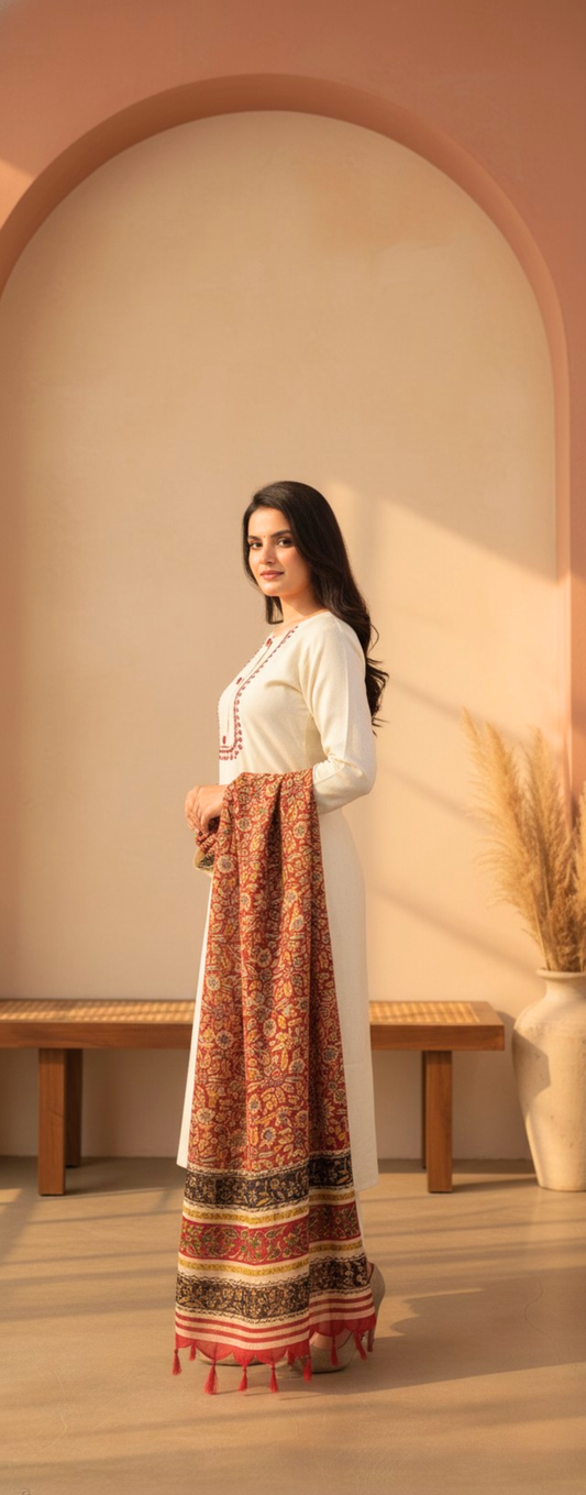 Ivory Scarlet Embroidered Dupatta Set