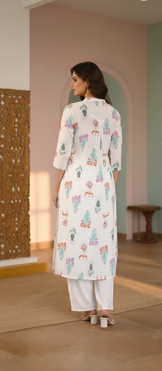 White Meadow Print Pleated Tunic