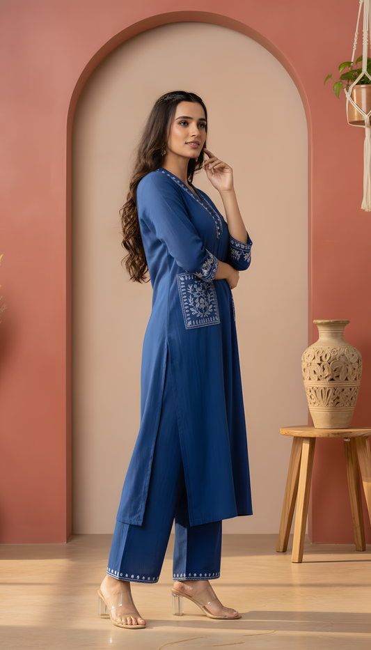 Azure Bloom Embroidered Cotton Kurta Set