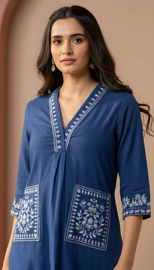 Azure Bloom Embroidered Cotton Kurta Set