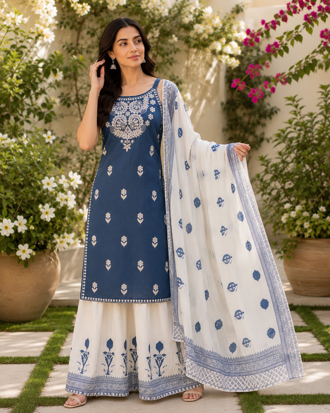 Kamal navy embroidered suit set model view