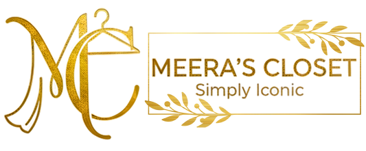 Logo of Meera's Closet with decorative elements on a white background